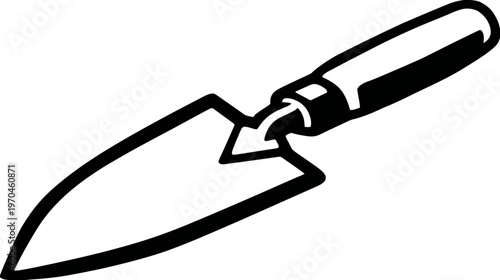 Black and white outline drawing of a garden hand trowel, a common tool used for gardening, planting, and digging soil.