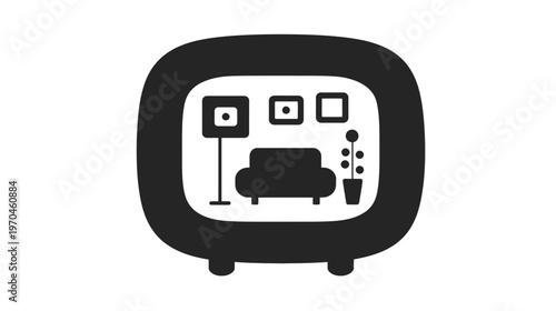 Minimalist living room interior icon with sofa, floor lamp, potted plant, and wall art displayed on a rounded screen. Modern flat design.