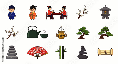 Japanese and East Asian culture icons. Traditional people, tea ceremony, blossoms, bonsai, bamboo, zen stones, fan, lantern, scroll.