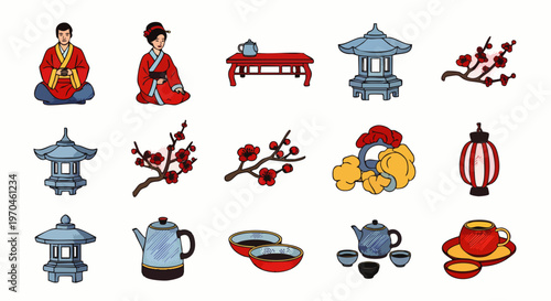 Collection of traditional Japanese culture elements: people in kimonos, tea ceremony sets, lanterns, and cherry blossoms. Vector illustration for design projects.