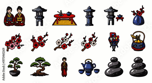Pixel art Japanese culture icon set featuring traditional elements like geisha dolls, cherry blossoms, bonsai trees, tea ceremony, and zen stones.