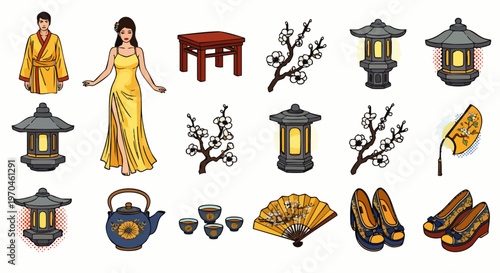 Collection of traditional Asian cultural elements: people in national clothes, stone lanterns, cherry blossoms, tea set, fans, and traditional shoes on white.