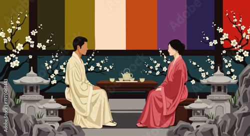 Elegant Asian couple performing a traditional tea ceremony in a serene garden setting, surrounded by cherry blossoms and cultural elements, illustrating peace and tradition.