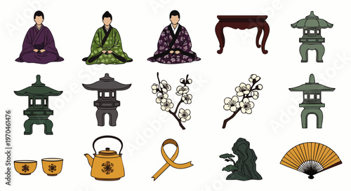 Traditional Japanese cultural elements vector set: figures in kimonos, stone lanterns, cherry blossoms, tea ceremony items, and decorative fans.