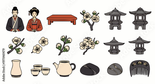 Traditional Japanese Culture Elements Vector Illustration Set: Kimono Figures, Cherry Blossoms, Stone Lanterns, Tea Ceremony Items, and Decorative Objects