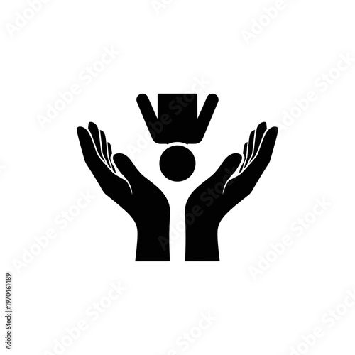 Solidarity Hands Protecting Human Figure Icon Symbolizing Community Care and Support for Vulnerable Individuals with Collective Effort