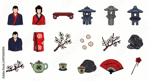 Vector illustration set of traditional Japanese culture. Includes people in kimonos, stone lanterns, cherry blossoms, tea ceremony, and iconic cultural symbols.