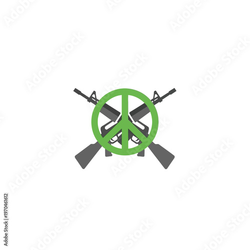 Striking anti-violence emblem featuring a vibrant green peace sign overlaying crossed firearms, symbolizing a global call for disarmament and tranquility