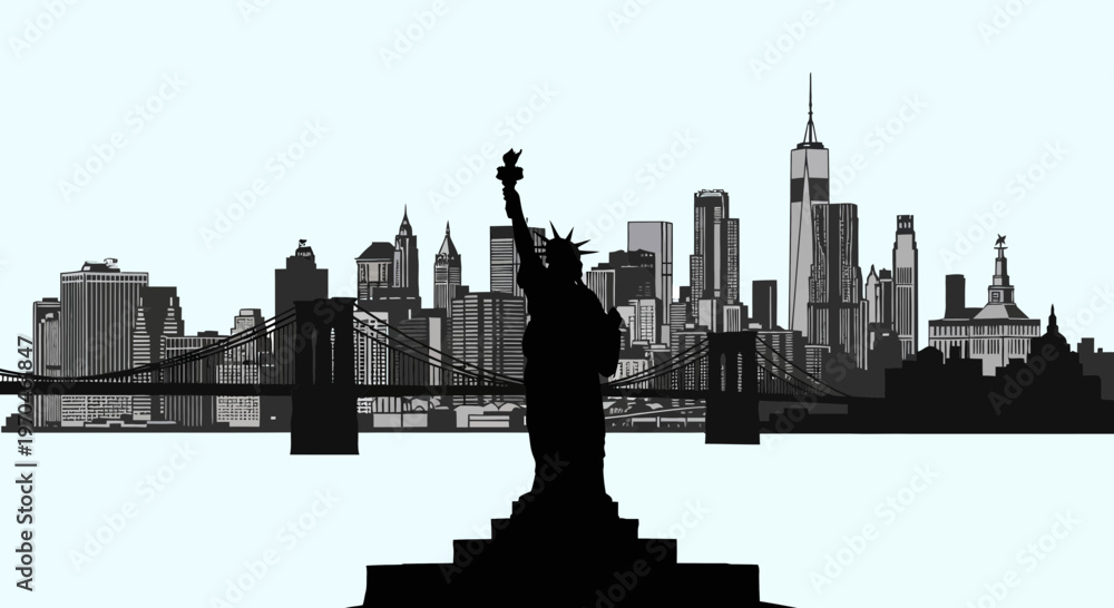 Obraz premium New York skyline silhouette with Statue of Liberty foreground