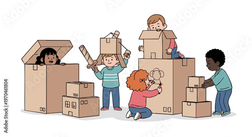 Happy diverse children playing creatively with cardboard boxes