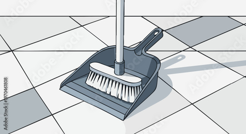 Dustpan and brush illustration on a gray and white tiled floor. High angle view of cleaning tools