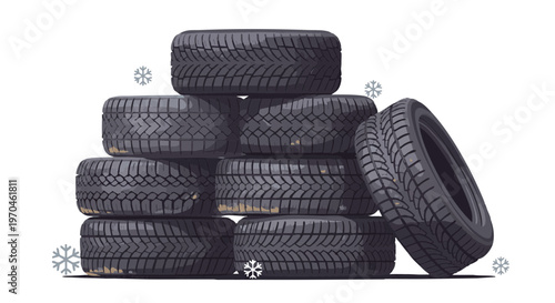 Stack of used winter tires with snowflakes, vector illustration on white background