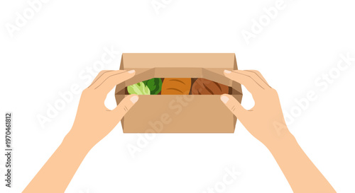 Hands unboxing a cardboard food package with fresh ingredients. First person view illustration