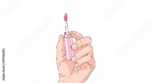 Illustration of a hand holding a pink lip tint cosmetic with applicator open
