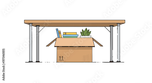 Illustration of a moving box with books and a plant under a desk