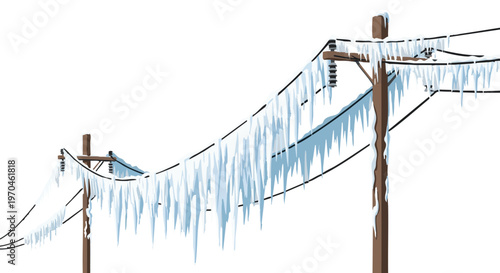 Vector illustration of power lines covered in heavy ice and icicles after a winter storm