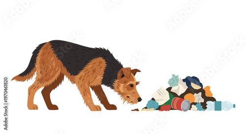 A sad, hungry stray dog sniffing through a pile of garbage and waste. Vector illustration isolated on white