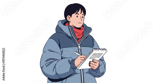 Young man in a blue winter jacket writing notes in a notepad. Anime style vector illustration isolated on white background