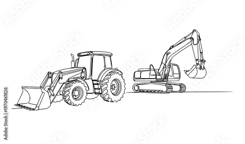 Sleek continuous line vector of tractor and excavator construction machines