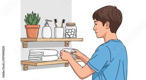 Man organizing white towels on a wooden shelf in a tidy bathroom. Vector illustration