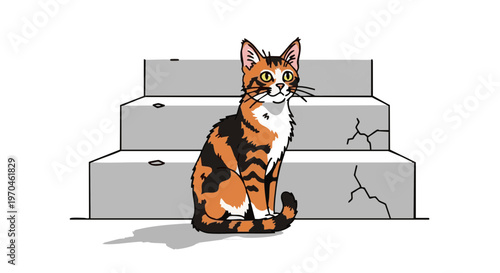 Stray calico cat sitting on concrete stairs. Hand drawn vector illustration of a lonely urban animal looking at the camera