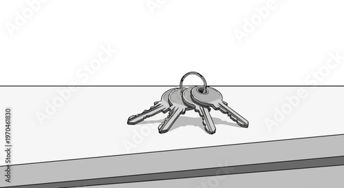 New house keys on a keyring lying on a countertop. Minimalist vector illustration of moving home