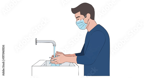 Man in a medical face mask washing his hands at the sink for hygiene