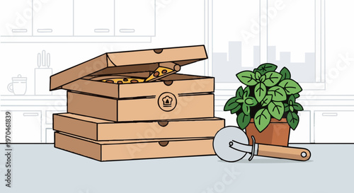 Pizza delivery boxes stacked on a kitchen counter with a cutter and basil plant. Vector illustration of a takeout meal at home