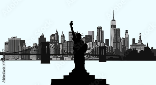 New York skyline silhouette with Statue of Liberty foreground