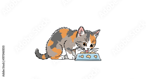 Cute calico kitten eating from a bowl. Vector illustration of a stray cat being fed