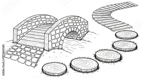 Stone footbridge sketch with stepping stones and path line art