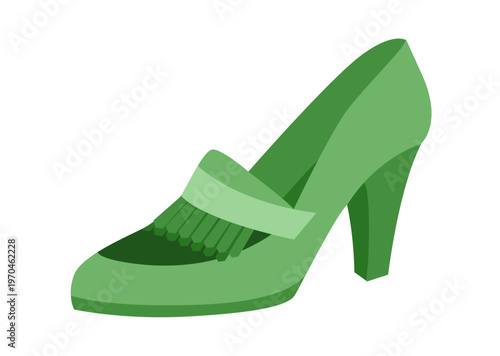 Kiltie pump women green heel flat shoe. Fringe loafer inspired dress footwear for office, weekend city outfit, smart casual. Technical illustration, CAD mockup, bright vector men unisex isolated style
