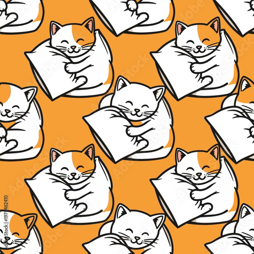 Cute cartoon cats hugging pillows seamless pattern.