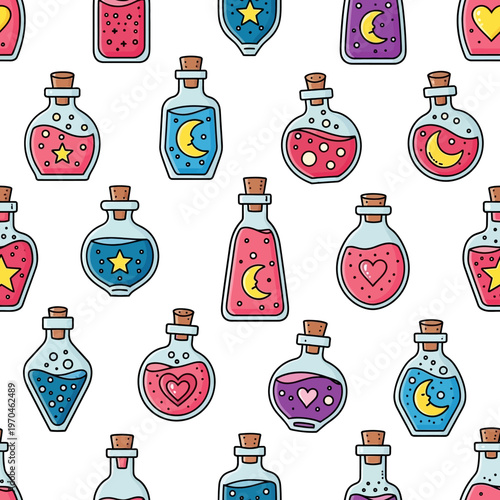 Magical Potion Bottles Collection Seamless Pattern.