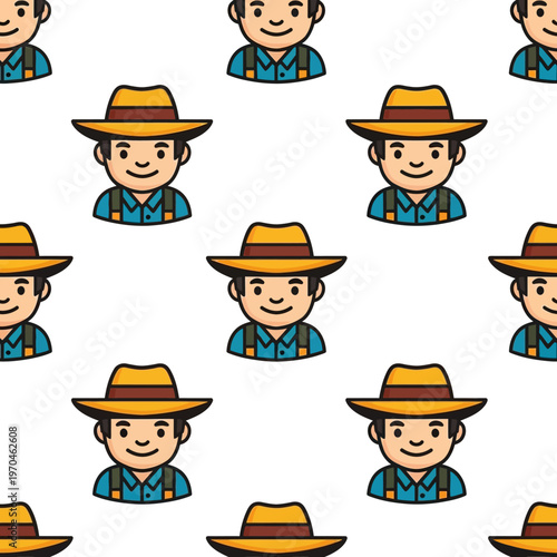 Cartoon Farmer Character Head Icon Seamless Pattern.