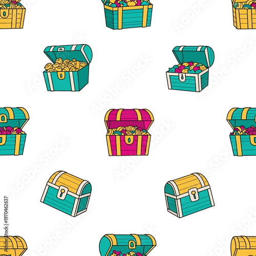 Collection of colorful treasure chests overflowing with gold coins.