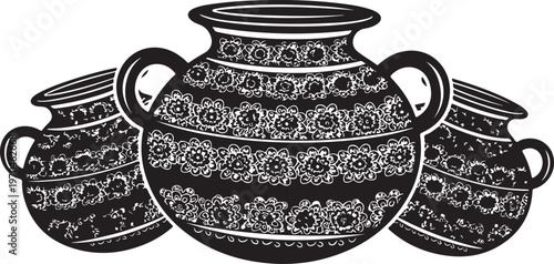 Three black and white ceramic pots with floral patterns and handles