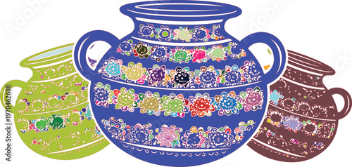 Three decorative ceramic pots with floral patterns and handles