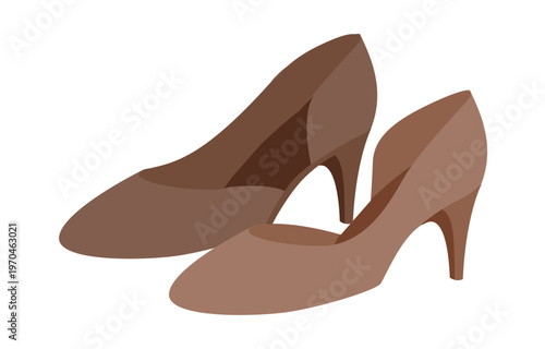 Brown kitten heel pump shoe women flat pair. Closed toe dress shoe for business, family, day to night outfit. Technical fashion illustration, CAD mockup, soft vector men unisex isolated modern style.