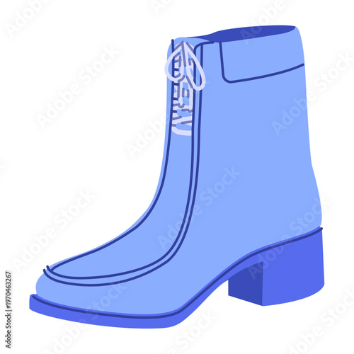 Blue front lace boot women color flat. Lace up block heel boot for sleek street style and mid season looks. Technical fashion illustration CAD mockup smooth vector man unisex isolated trendy style.