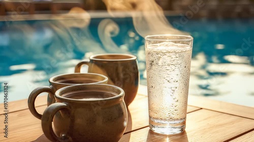 Steaming Hot Drinks and Refreshing Cold Water by the Poolside.