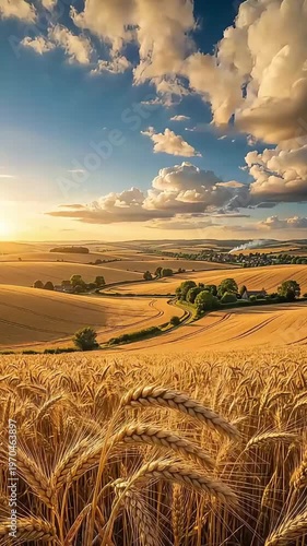 Aerial View of Rolling Golden Hills and Farmland Under Blue Sky