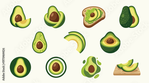 A vibrant collection of avocado illustrations showcasing whole fruits, halved avocados, sliced avocados, and avocado toast, presented in various artistic styles and arrangements.