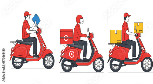 Set of three professional couriers riding red motor scooters delivering packages and documents for fast logistics express shipping and urban transport vector.