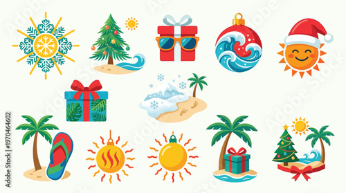 Collection of festive Christmas and summer holiday icons, blending tropical beach scenes with traditional winter holiday elements.