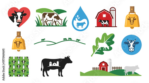 Collection of stylized cow and farm-related icons, including barns, milk drops, and pastoral landscapes.