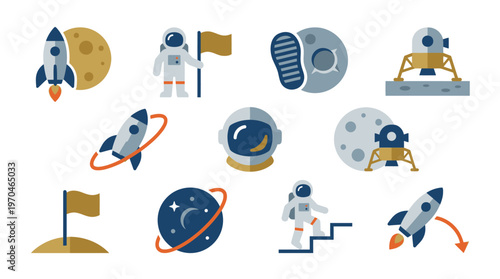 Collection of flat design icons representing space exploration, including rockets, astronauts, planets, and lunar modules.