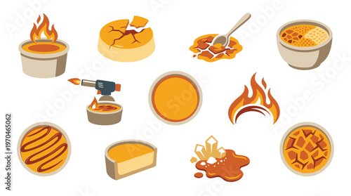 Collection of illustrations depicting the process and results of making crème brûlée, including caramelization and torching.