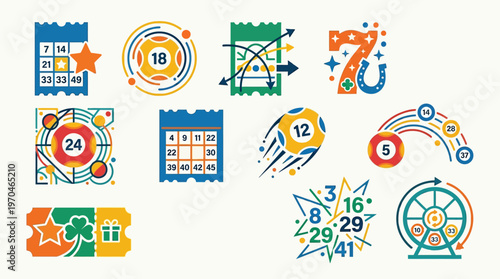 Collection of colorful flat design icons representing various lottery and bingo game elements, including tickets, balls, and lucky numbers.