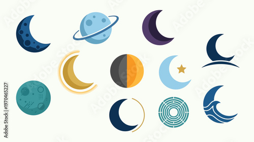 Collection of stylized crescent moon icons and celestial bodies, including planets and abstract lunar phases, in various colors and designs.